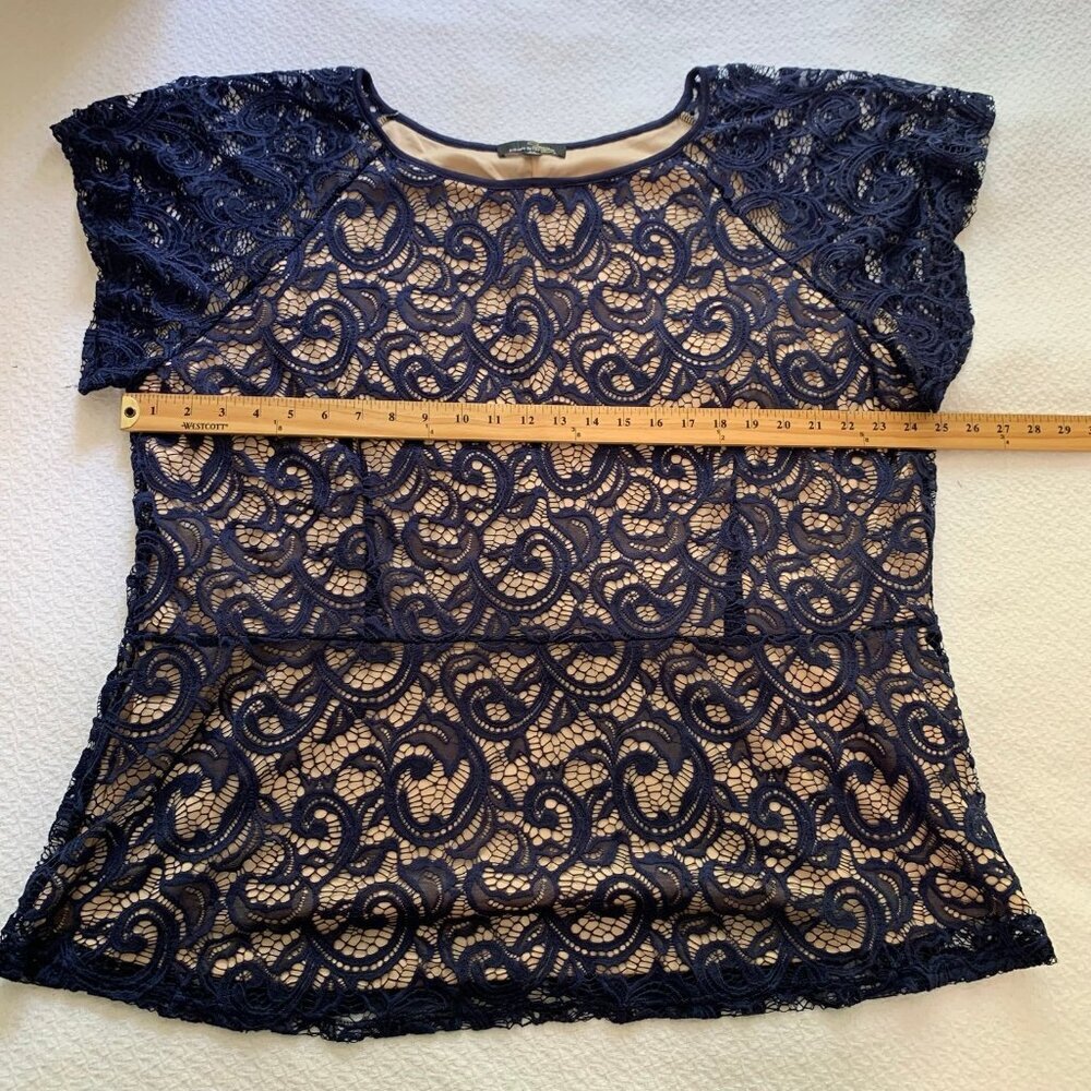 NWOT Suzanne Betro Lace Blouse Women 4X Navy Blue Short Sleeve Scoop Neck Scroll - Picture 8 of 9